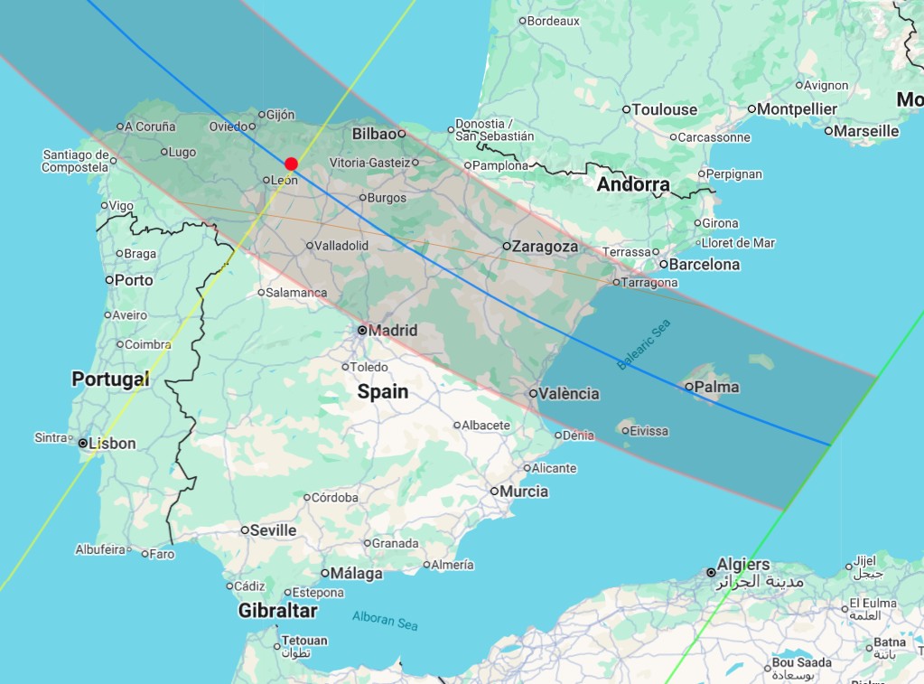 Map of the 12 August 2026 eclipse path crossing northern Spain, with La Camperona marked by a red dot near León